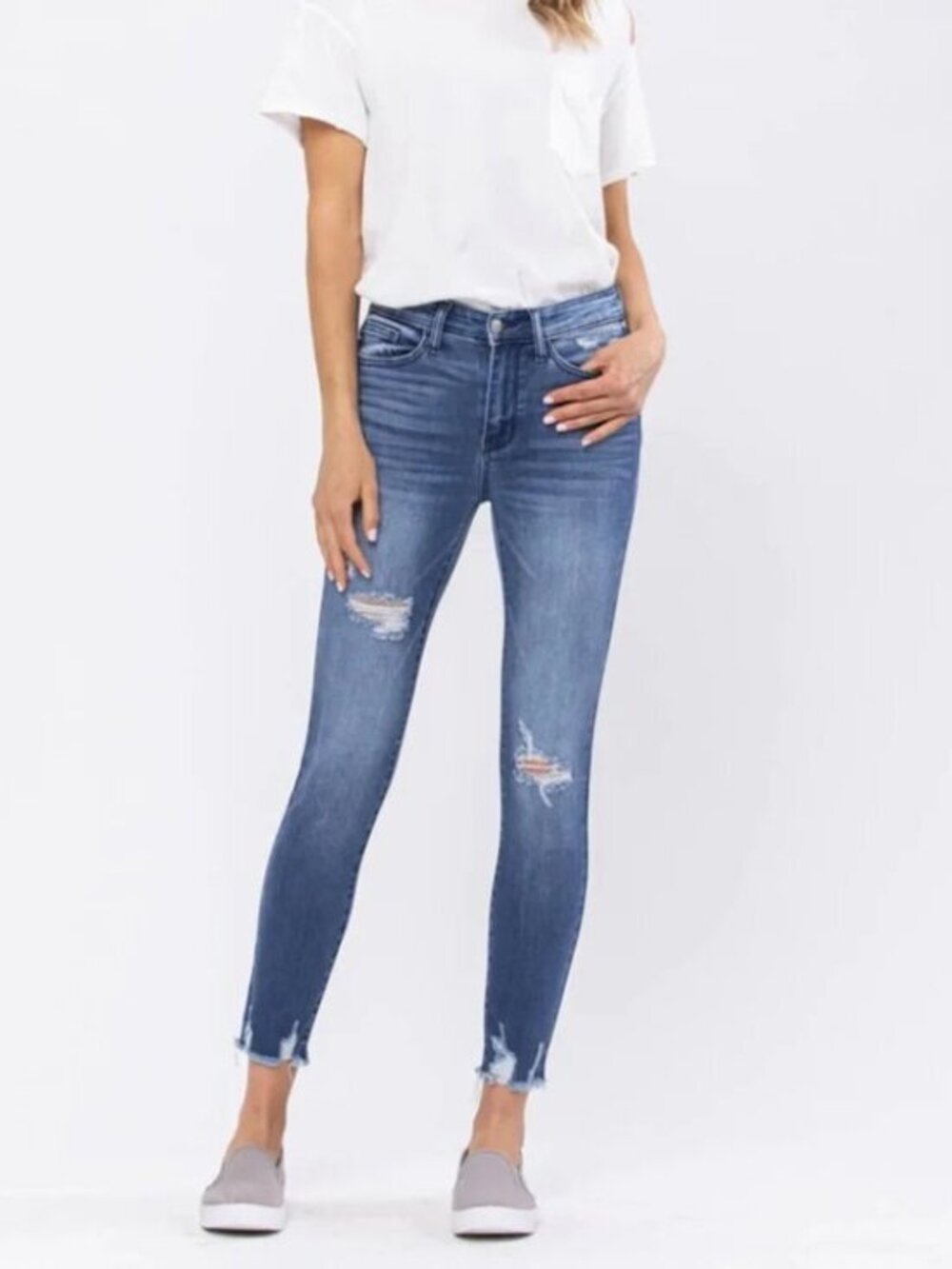 Judy Blue Skinny Jeans Medium Wash Distressed Raw Frayed Hem Stretch Denim 14W
